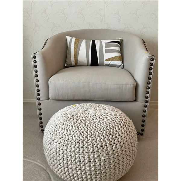 Modern Designer Beige Fabric Accent Chair w/ Decorative Pillow & Pouf Foot Rest
