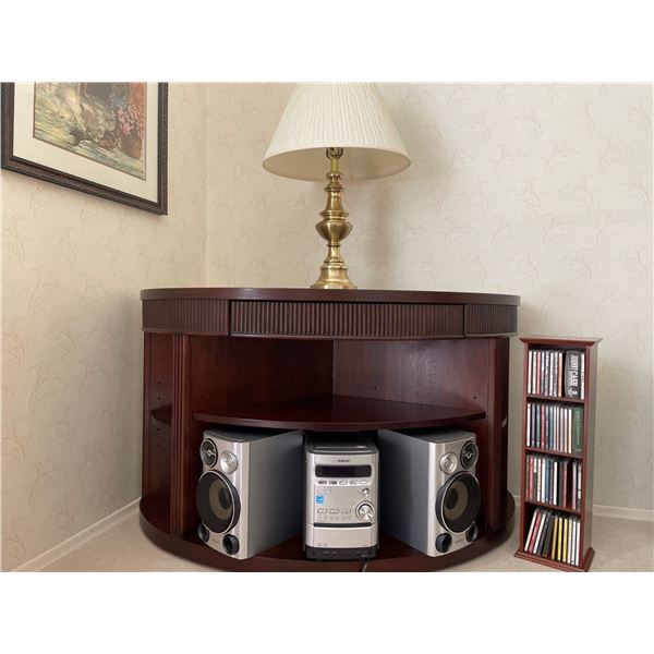 Wood Console Table w/ 5 Disk CD Changer & CD Library w/ Shelf