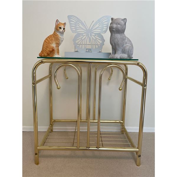 Brass End Table w/ Decorative Glass Cats & Butterfly