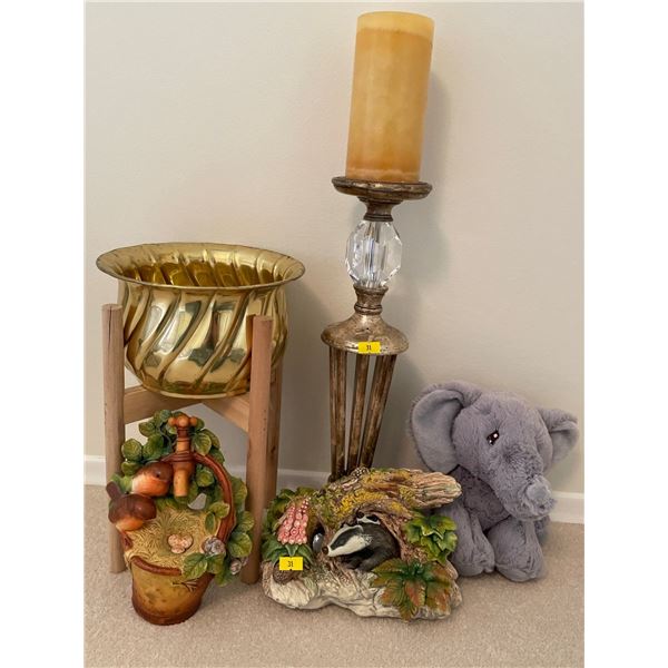 Brass Planter w/ Stand Candle Holder & Glass Decorative Collectables