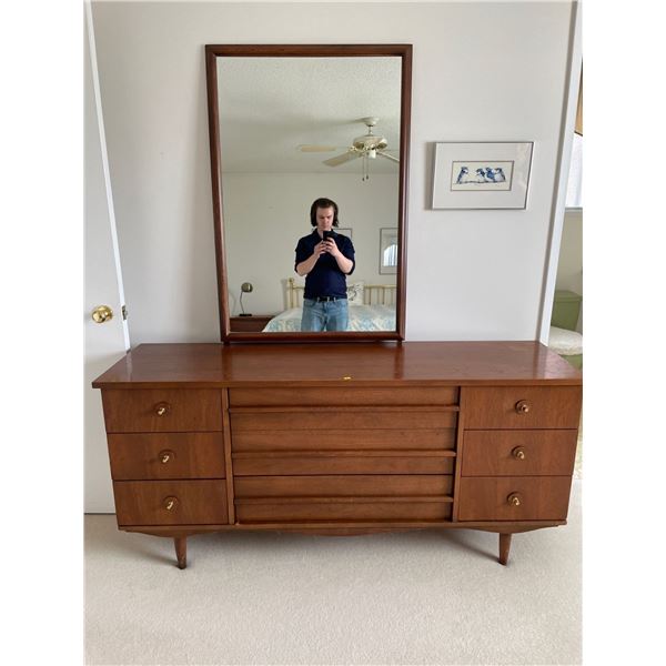 Mid Century Modern 9 Drawer Teak Dresser w/ Mirror 66 x 18 x 78