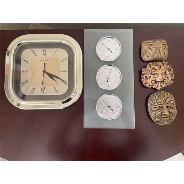 Brass Clock Barometer Aztec Stone Carvings