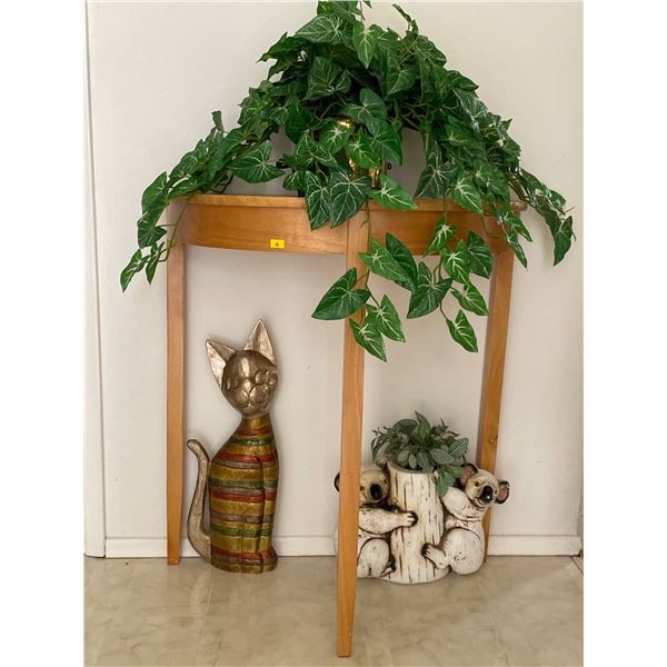 Wood Accent Table Cat & Koala Collectables & Faux Plant