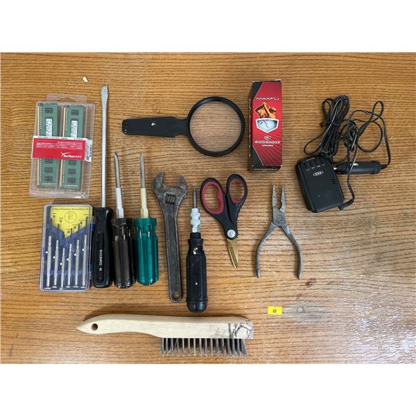Assorted Household Items Screwdrivers Magnifying Glass Scizzors & More