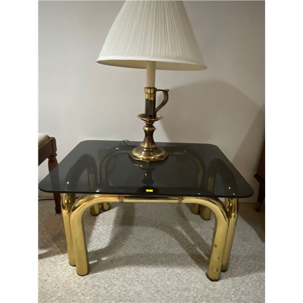 Brass & Glass End Table 31 x 22 x 16 w/ Brass Lamp