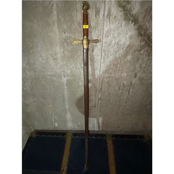 Vintage Sword w/ Sheath Wood handle Brass Knight