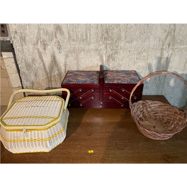 Vintage Wood Sewing box w/ Woven Craft Basket Contents of Both & More