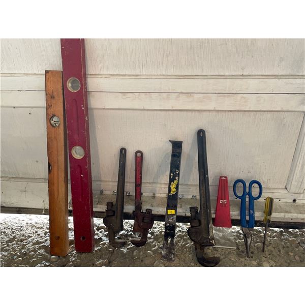 Assorted Pipe Wrenchs & Levels