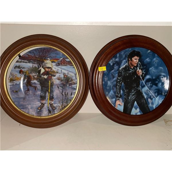 Framed Collectors Plates with Wood Frames & Glass Planter Elvis Hockey