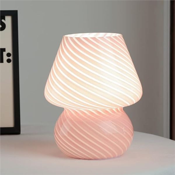 Lot of 2 Glass Mushroom Table Lamps/Bedside Lamps - Green & Pink Striped - 7.5 inch - Brand New