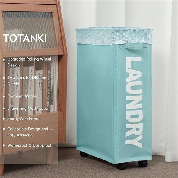 Lot of 2 Totanki 27" Large Slim Rolling Laundry Baskets - Blue - Brand New!