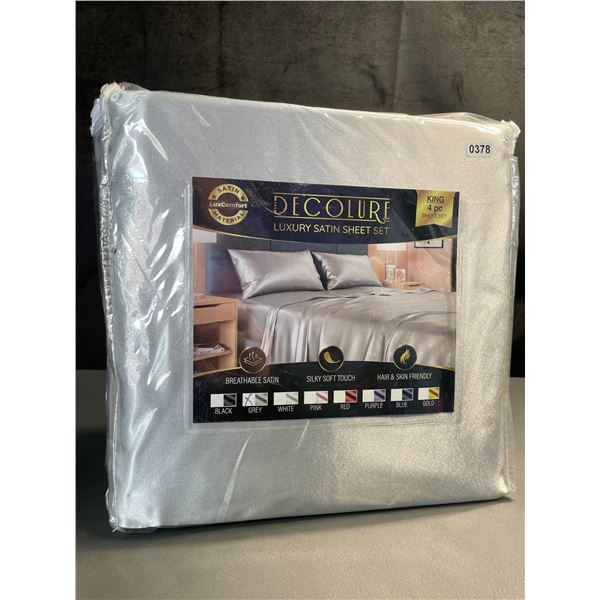 Lot of 1 Decolure 4PC Luxury Satin Sheet Set - King Size - Grey - Brand New