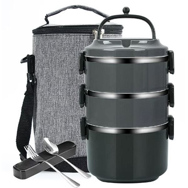 Lot of 1 Stackable 3-Layer Bento Lunch Box w/ Insulated Carrying Bag & Cutlery Set - Brand New