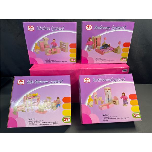 Lot of 8 Toy Doll-House Assorted Furniture Sets (Bedrooms, Kitchen, etc.) For Kids Doll/Play Houses