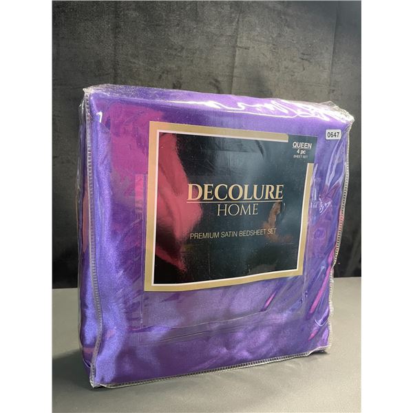 Lot of 1 Decolure 4PC Premium Satin Bed Sheet Set - Queen Size - Purple - Brand New