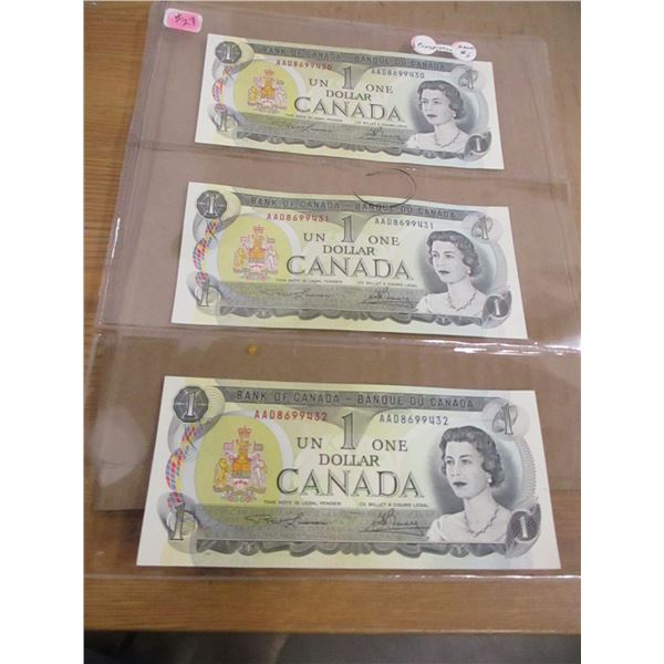 1973 SET OF THREE CONSECUTIVE SERIAL NUMBER CANADA $1 BILLS