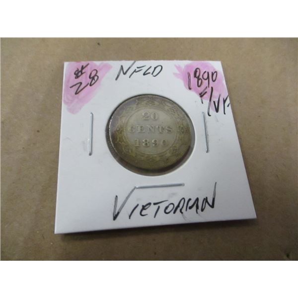 1890 F/VF VICTORIAN NEWFOUNDLAND SILVER 20 CENT