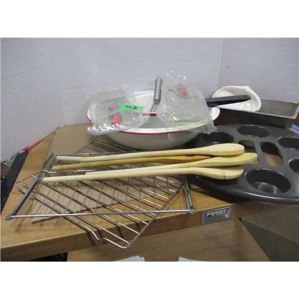 ESTATE:  BOX C/W ENAMELWARE & WOODEN SPOONS