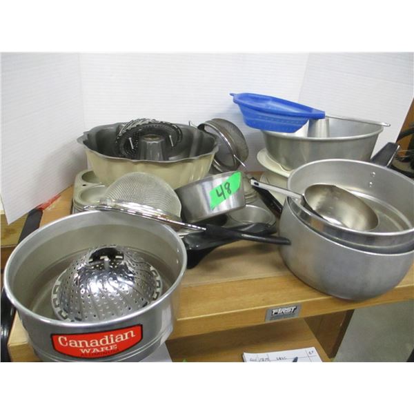 ESTATE:  BOX C/W ASSORTED POTS & PANS, ETC