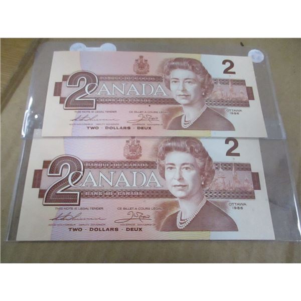 1986 SET OF BIRD SERIES $2 BILLS (2 SEQUENTIAL SERIAL NUMBERS)