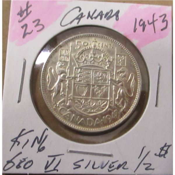 1943 CANADA KING GEORGE VI SILVER HALF DOLLAR