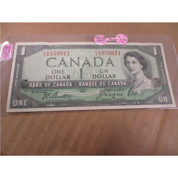 1954 BANK OF CAANDA POKER HAND SERIAL NUMBER (9'S & 1'S) $1 BILL
