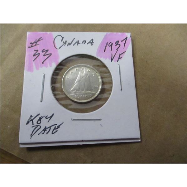 1937 VF CANADA SCARCE KEY DATE SILVER DIME