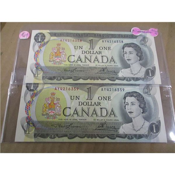 2 - 1973 BANK OF CANADA DOLLAR BILLS (SEQUENTIAL SERIAL NUMBERS)