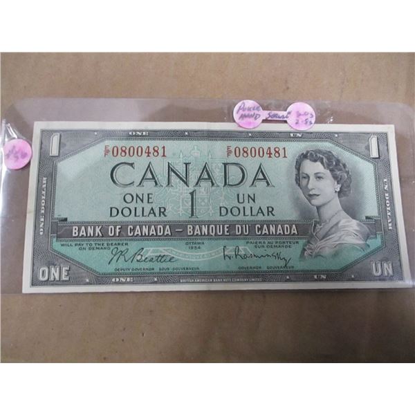 1954 BANK OF CANADA POKER HAND SERIAL NUMBER (3-0'S & 2-8'S) $1 BILL
