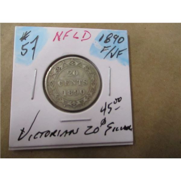 1890 F/VF NEWFOUNDLAND VICTORIAN SILVER 20 CENT