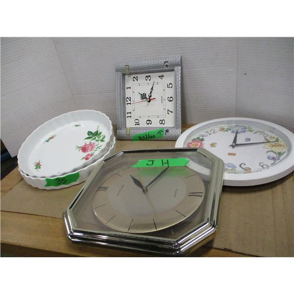 BOX C/W DISHES, CLOCKS, ETC