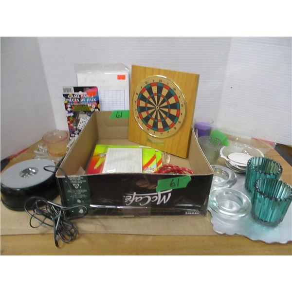 ESTATE:  BOX C/W CANDLE HOLDERS, DART BOARD, ETC