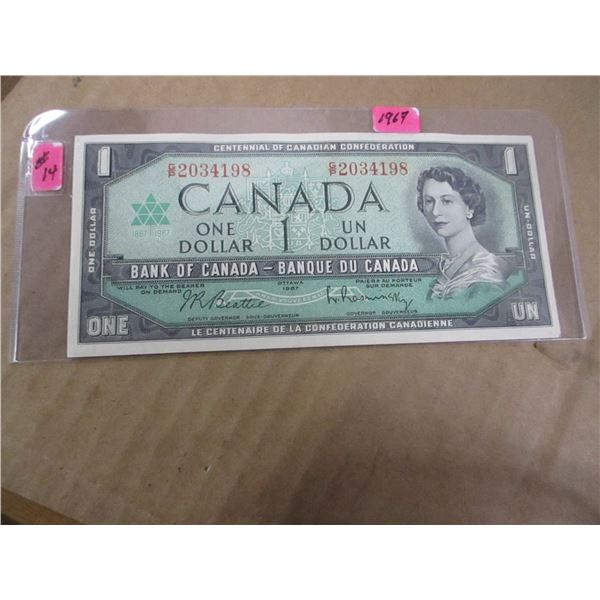 1967 CENTENNIAL SERIAL NUMBER UNCIRCULATED CANADA $1 BANK NOTE
