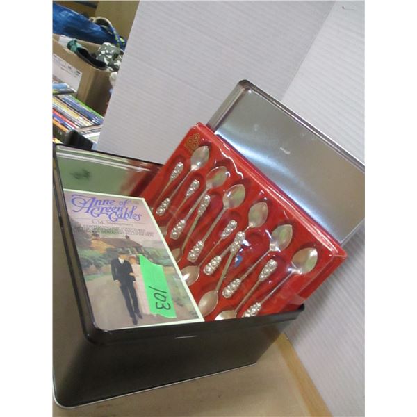 TIN C/W LID, SPOONS, ANNE OF GREEN GABLES MOVIE