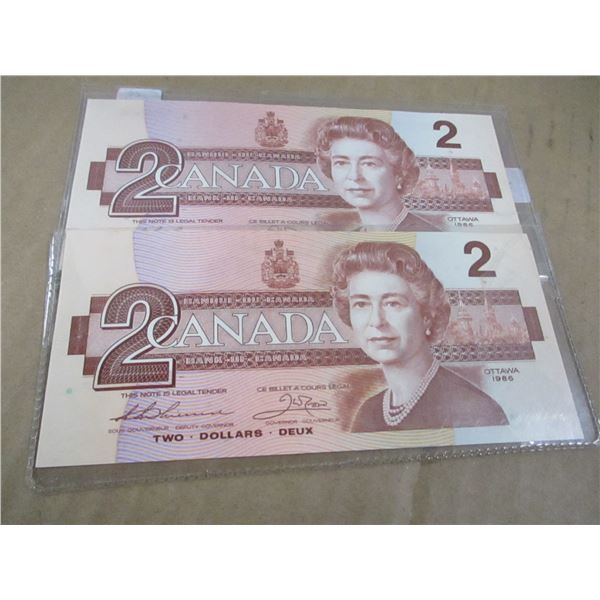 1986 SET OF 2 SEQUENTIAL SERIAL NUMBER UNCIRCULATED CANADA $2 BANK NOTES