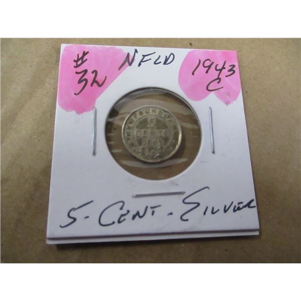 1943 C CANADA NEWFOUNDLAND SILVER 5 CENT