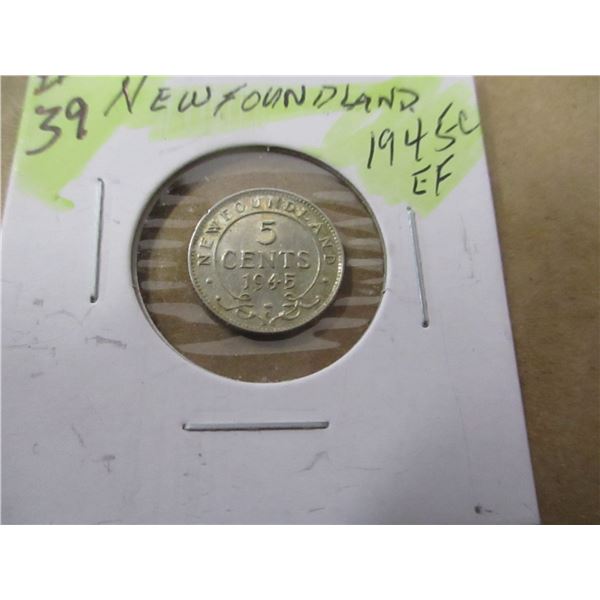 1945 C/EF NEWFOUNDLAND SILVER 5 CENT