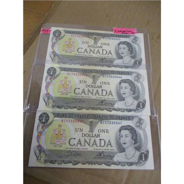 1973 CRISP/UNCIRCULATED SET OF 3 - SEQUENTIAL SERIAL NUMBER CANADA $1 BILLS