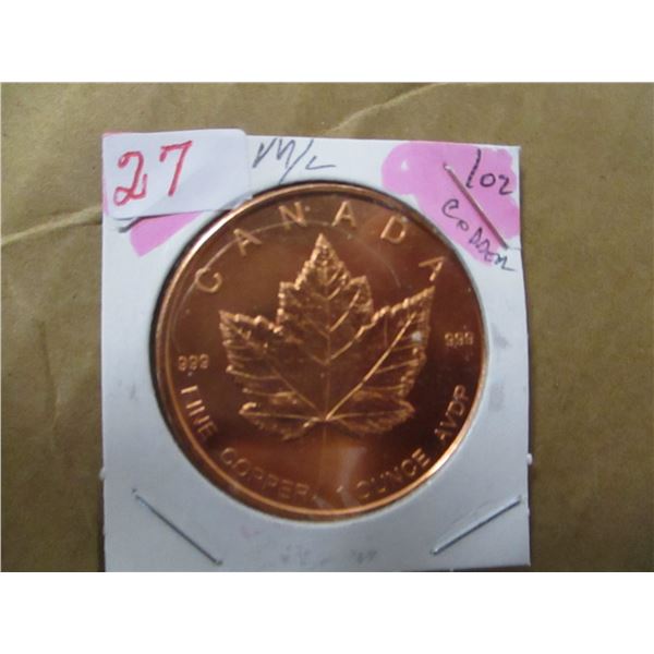 999 FINE 1 OZ COPPER MAPLE LEAF