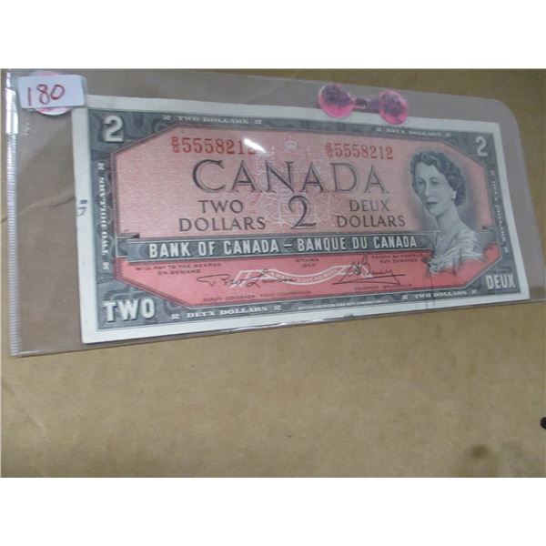 1954 BANK OF CANADA POKER HAND SERIAL NUMBER $2 BILL (3-5'S & 2-2'S)
