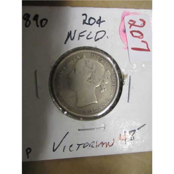 1890 F/VF VICTORIAN NEWFOUNDLAND SILVER 20 CENT COIN