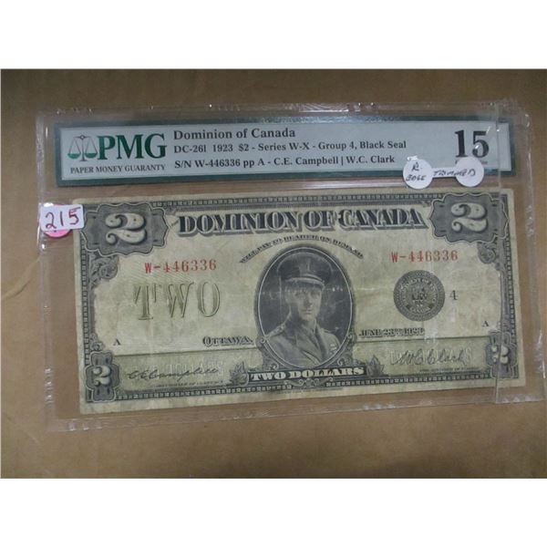 1923 DOMINION OF CANADA BLACK SEAL $2 BILL (GRADED CHOICE FINE - RIGHT EDGE TRIMMED)