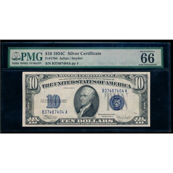 1934C $10 Silver Certificate PMG 66