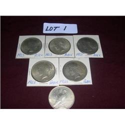(6) 1923 Peace silver dollars