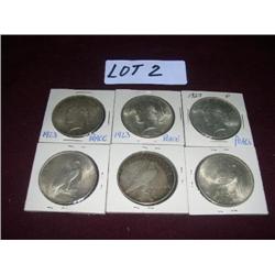 (6) 1923 Peace silver dollars