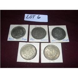 (5) 1921 Morgan silver dollars