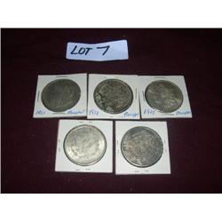 (5) 1921 Morgan silver dollars
