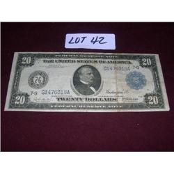 1914 GROVER CLEVELAND TRAINSHIP $20 BILL, BLUE SEALED