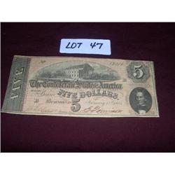 $5 DOLLAR CONFEDERATE CAPITOL AT RICHLAND, ISSUED FEBUARY 17, 1864