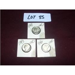 (1) 1941, (1) 1942, (1) 1943, UNCIRCULATED MERCURY DIMES